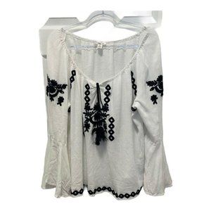 John Paul Richard White Navy Gauzy Peasant Blouse